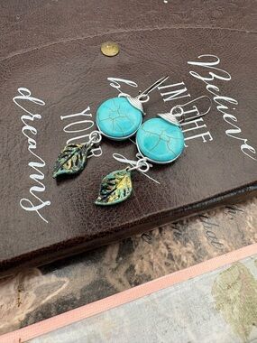 Handmade Turquoise Stone Earrings Boho Leaf Dangle One of a Kind